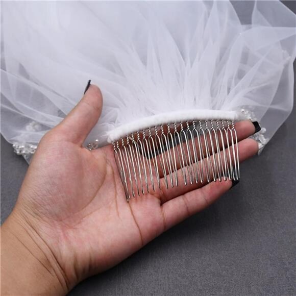 Wedding Veil Pearls and Crystals Beaded Edge 1 Tier Fingertip Length Bridal Veil main image 5